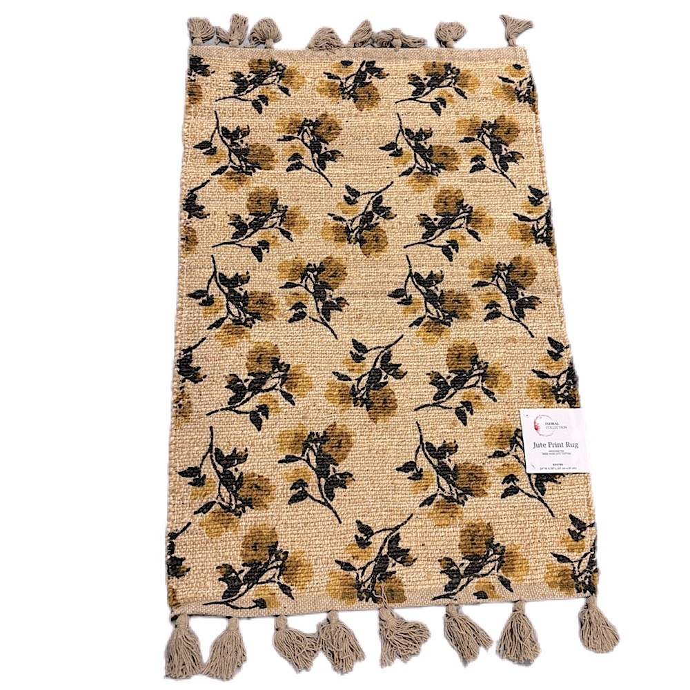 Charming Jute Floral Print Door Mat with Tassels 24 inches x 36 inches (yellow)
